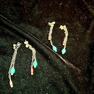 2 pair of earrings turquoise and coral sterling silver post and chain